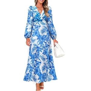 Zesica Floral Lantern Sleeve Midi Dress Blue & White Size    M
